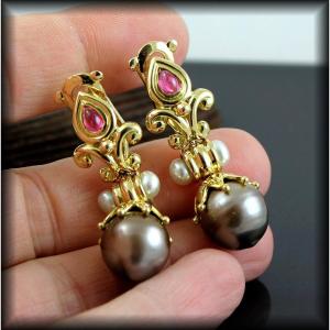 Boucles Or, Tourmaline Et Perle De Culture