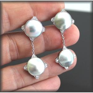 Boucles Or Et Platine - Perles Et Diamants -longueur 4 Cm