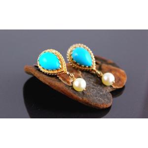 Gold, Turquoise And Cultured Pearl Earrings