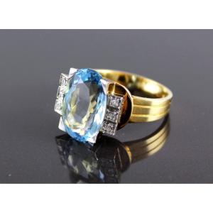 Bague Or Et Platine, Aigue Marine Et Diamants