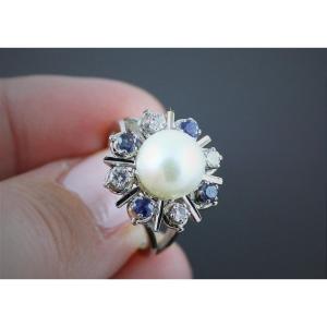 Gold, Sapphire, Diamond And Cultured Pearl Ring