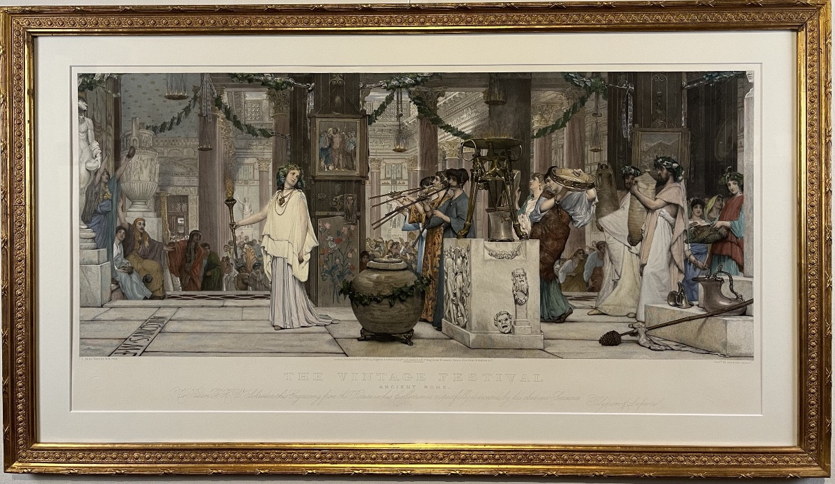 Alma Tadema ."The Vintage Festival", La Fête du Vin. Gravure  d'apres un Tableau de Lawrence Alma-Tadema par A. Blanchard