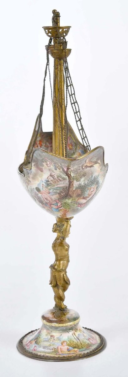 Bronze And Enamel Sailing Ship (nef), Vienna, 19th Century-photo-2