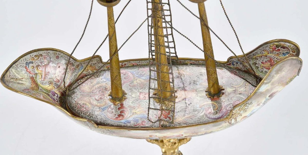 Bronze And Enamel Sailing Ship (nef), Vienna, 19th Century-photo-3