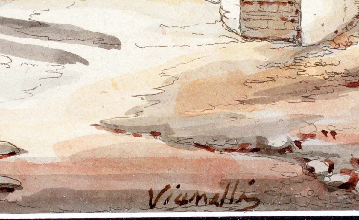 Aquarelle sur papier 14 x 20 cm - Signée Achille Vianelli (1803 - 1894)-photo-3