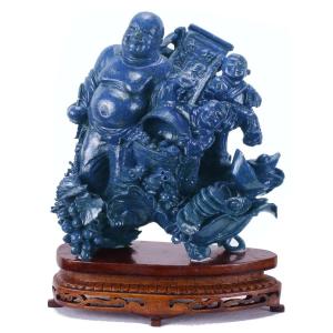 Lapis Lazuli Sculpture "buddha With Children," China, First Half Of The 20th Century
