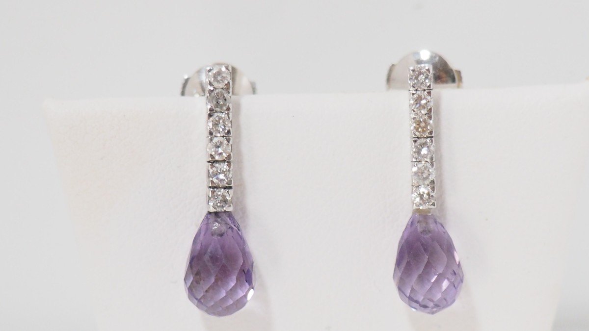 Boucles d'Oreilles En Or Blanc, Améthystes Et Diamants-photo-3