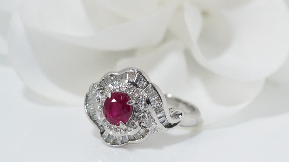Entourage Ring In Platinum, Oval Ruby And Diamonds-photo-2