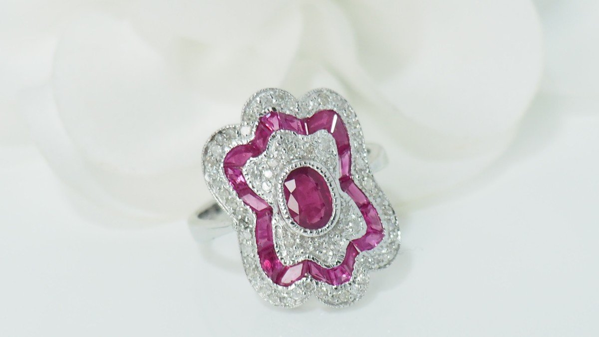 Bague Style Art Déco En Or Blanc, Rubis Et Diamants-photo-3