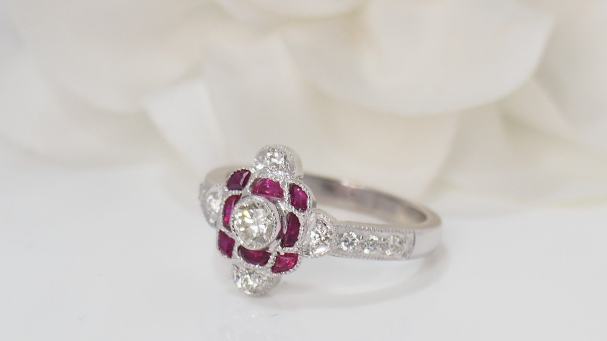Ring In White Gold, Calibrated Rubies And Diamonds-photo-4