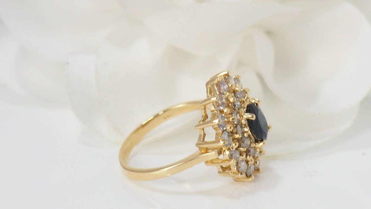 Bague Double Entourage En Or Jaune, Saphir Ovale Et Diamants-photo-2