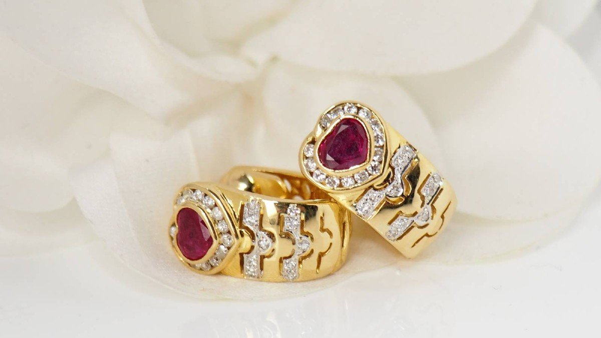  Boucles d'Oreilles En Or Jaune Rubis Et Diamants -photo-2