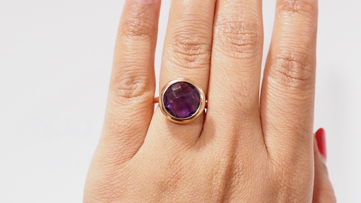Bague En Or Rose Et Améthyste Facettée-photo-4