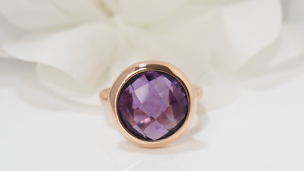 Bague En Or Rose Et Améthyste Facettée