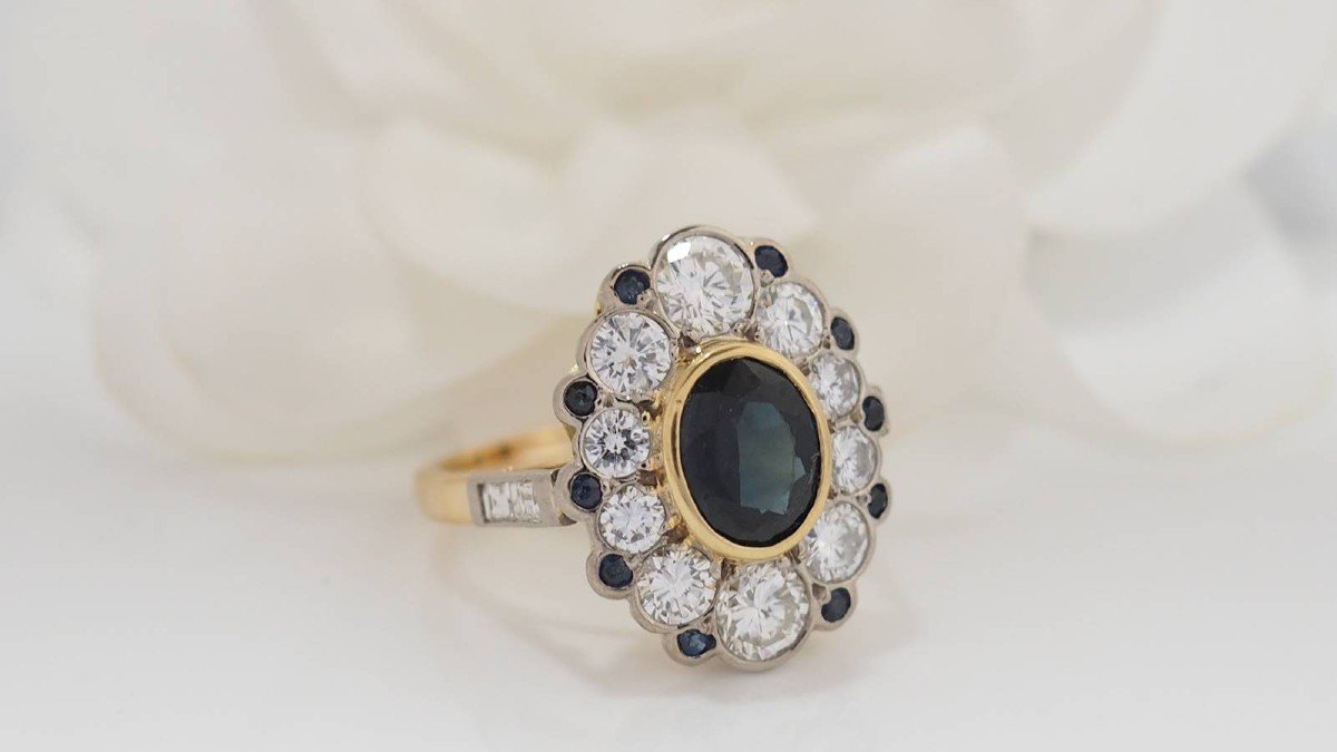 Bague Pompadour En Or Bicolore, Saphir Et Diamants -photo-2