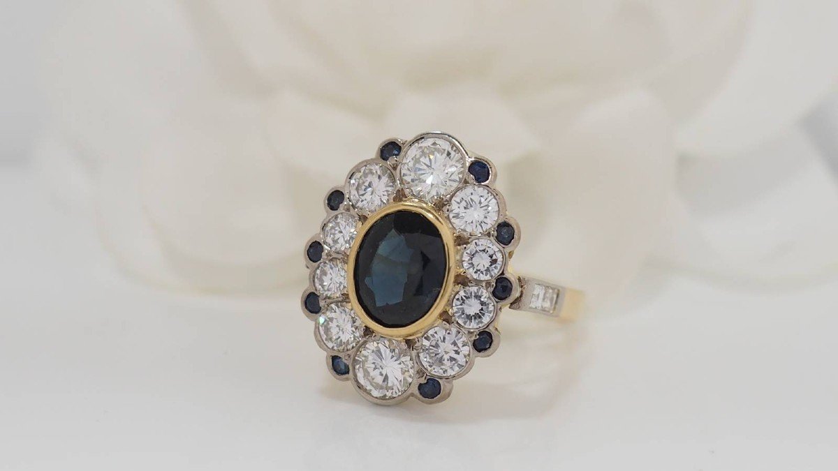 Bague Pompadour En Or Bicolore, Saphir Et Diamants -photo-3