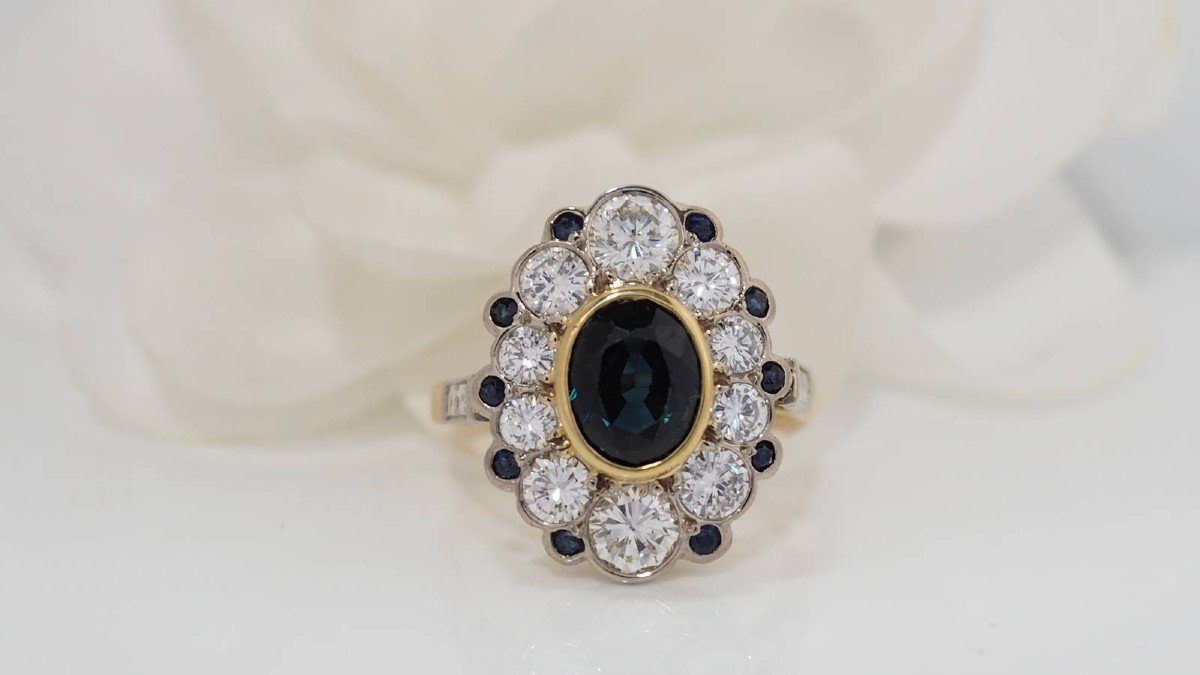 Bague Pompadour En Or Bicolore, Saphir Et Diamants -photo-3