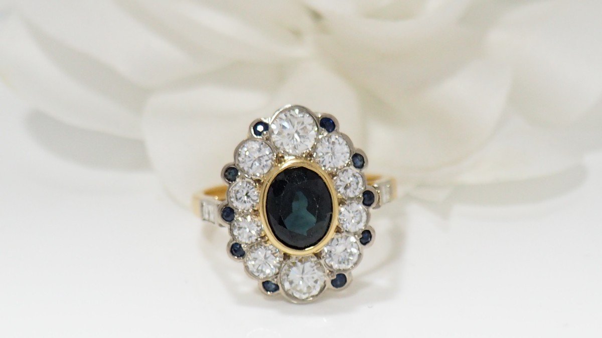 Bague Pompadour En Or Bicolore, Saphir Et Diamants 