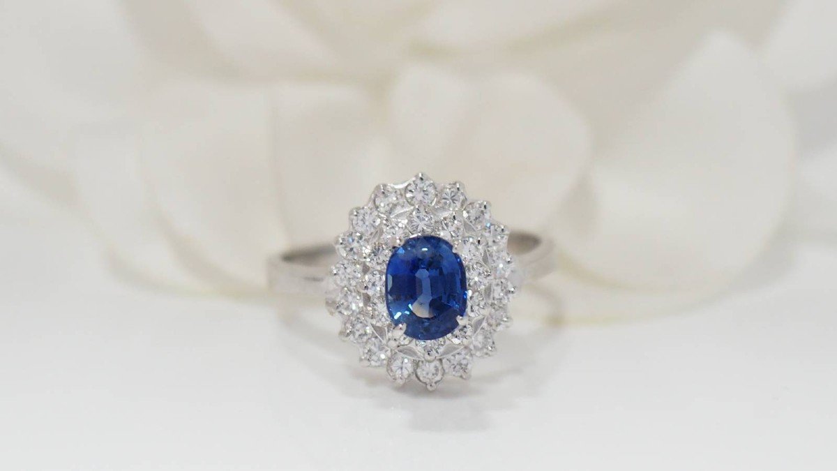 Double Entourage Ring In White Gold, Sapphire And Diamonds