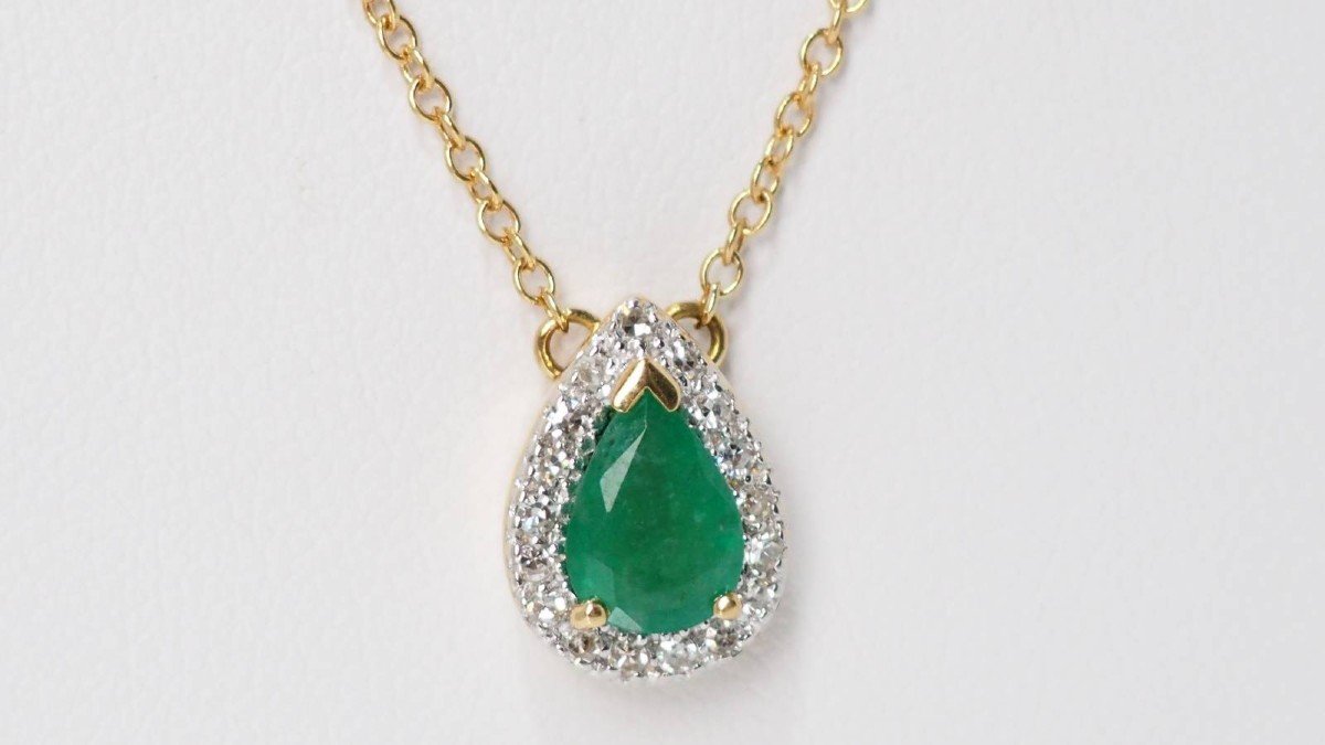 Pendant Necklace In Yellow Gold, Emerald And Diamonds