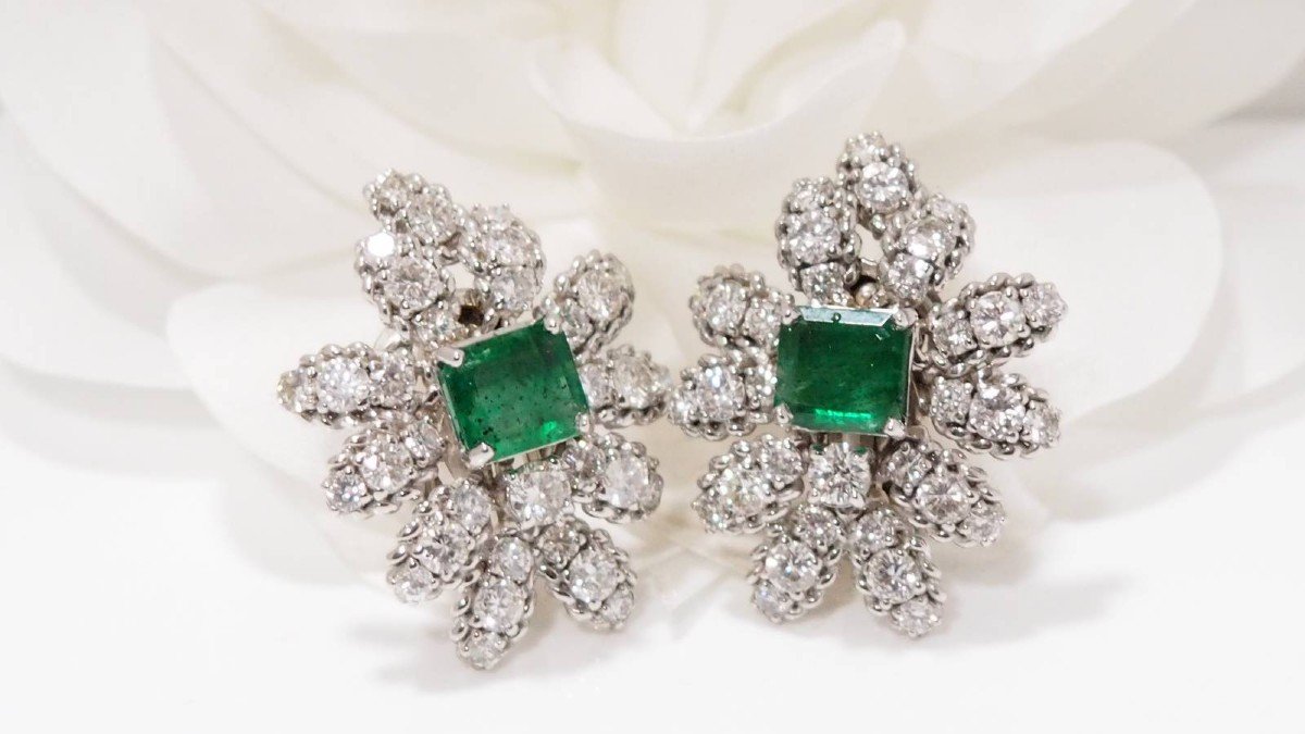 Boucles d'Oreilles En Or Blanc  Diamants Et émeraudes -photo-2