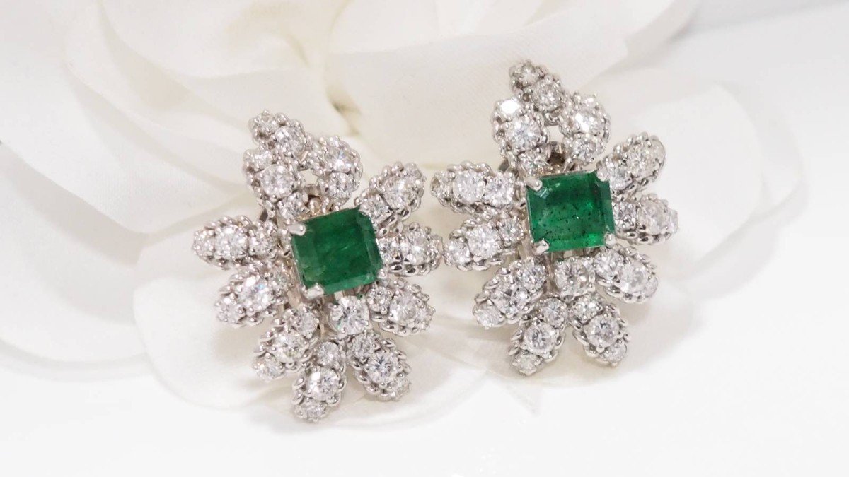 Boucles d'Oreilles En Or Blanc  Diamants Et émeraudes -photo-1