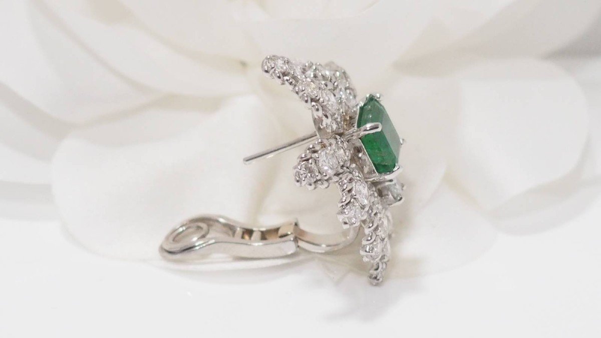 Boucles d'Oreilles En Or Blanc  Diamants Et émeraudes -photo-2