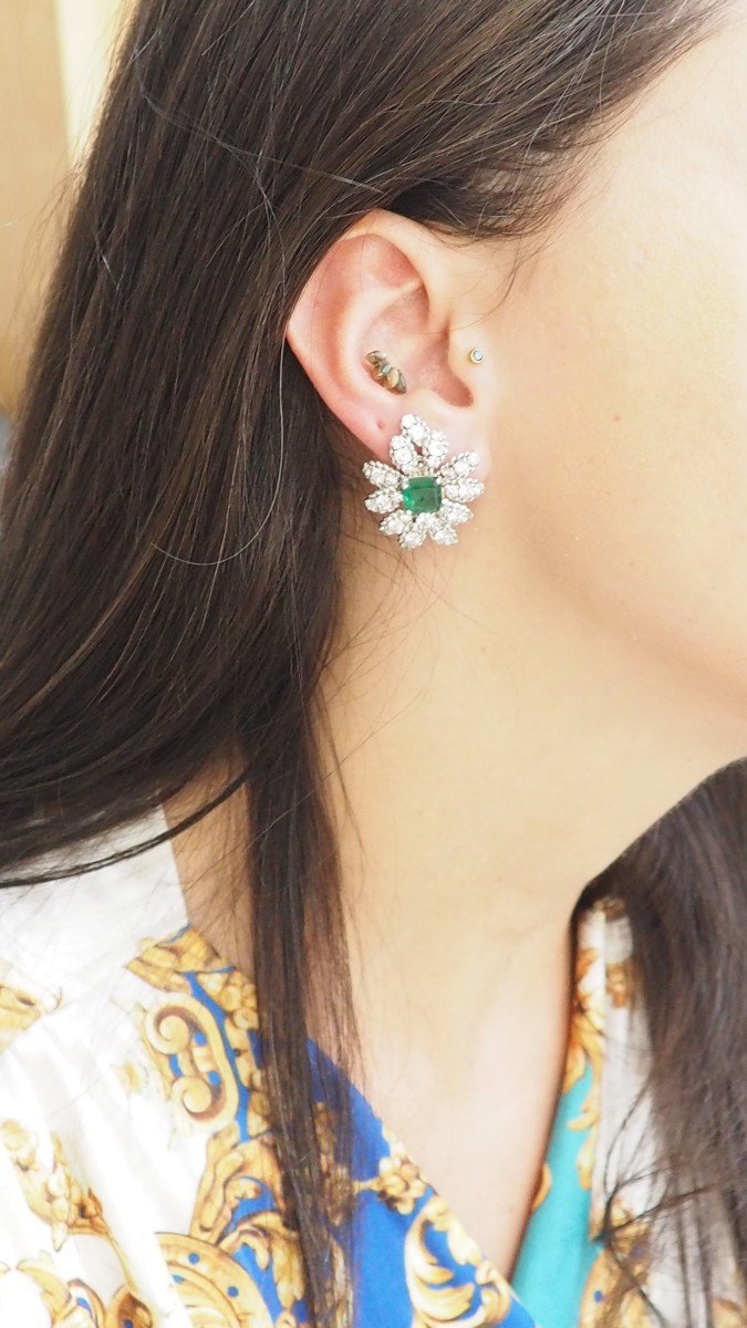 Boucles d'Oreilles En Or Blanc  Diamants Et émeraudes -photo-5