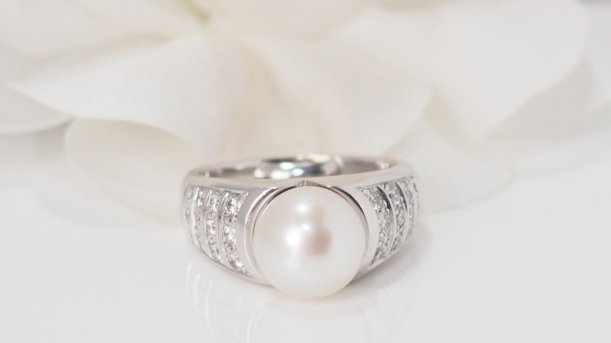 Bague En Or Blanc Perle De Culture Et Diamants