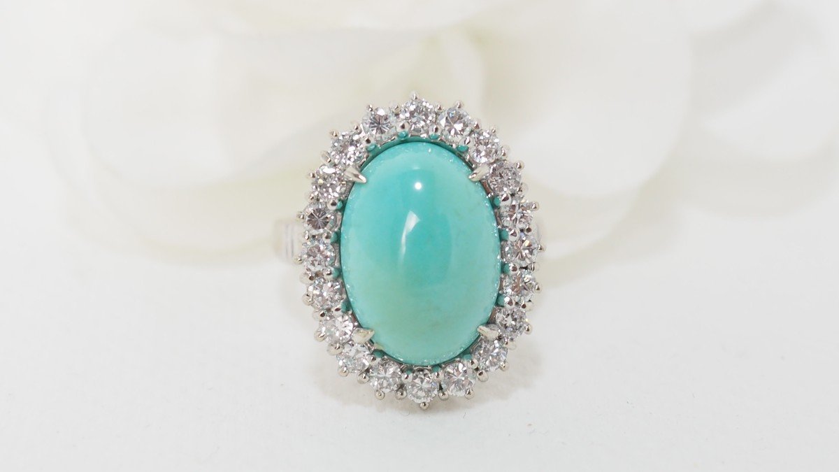 Bague Entourage En Or Blanc, Turquoise Naturelle Et Diamants-photo-2