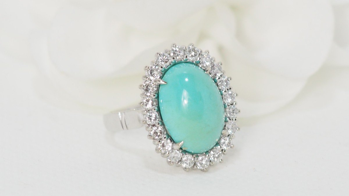 Bague Entourage En Or Blanc, Turquoise Naturelle Et Diamants-photo-3