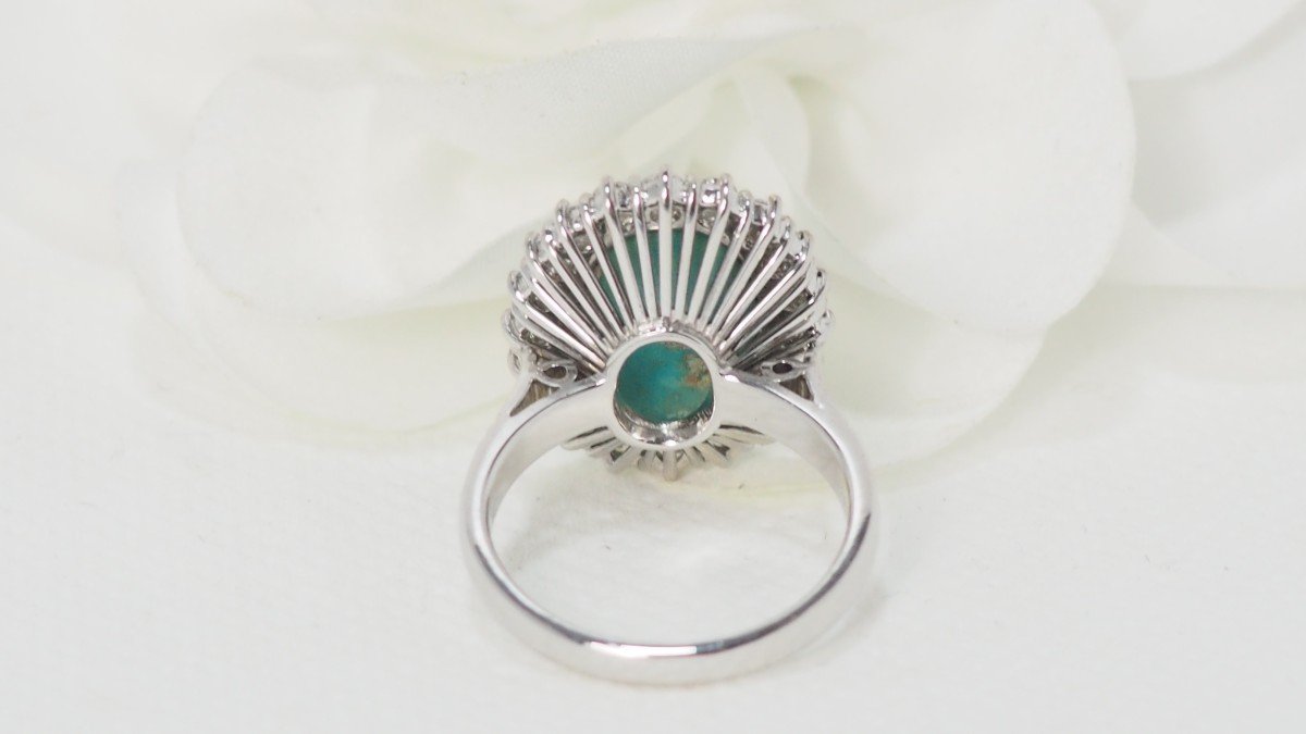 Bague Entourage En Or Blanc, Turquoise Naturelle Et Diamants-photo-2