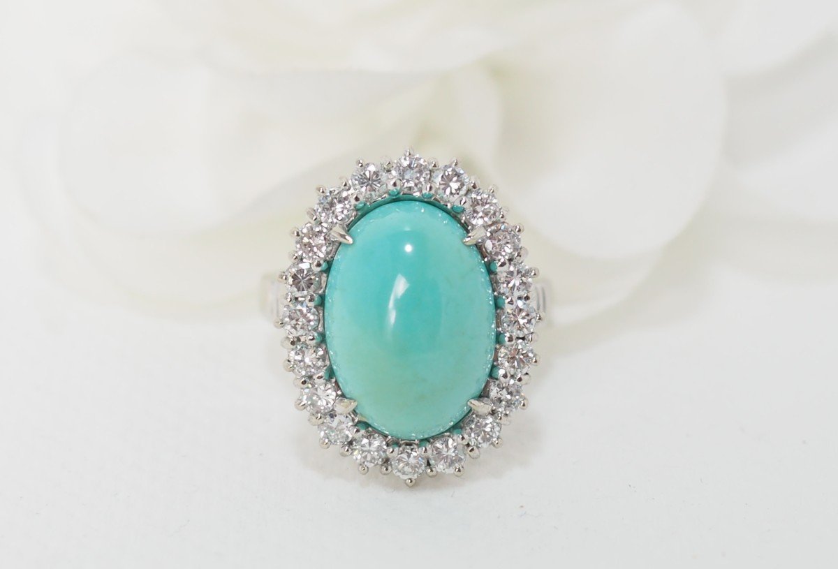 Bague Entourage En Or Blanc, Turquoise Naturelle Et Diamants