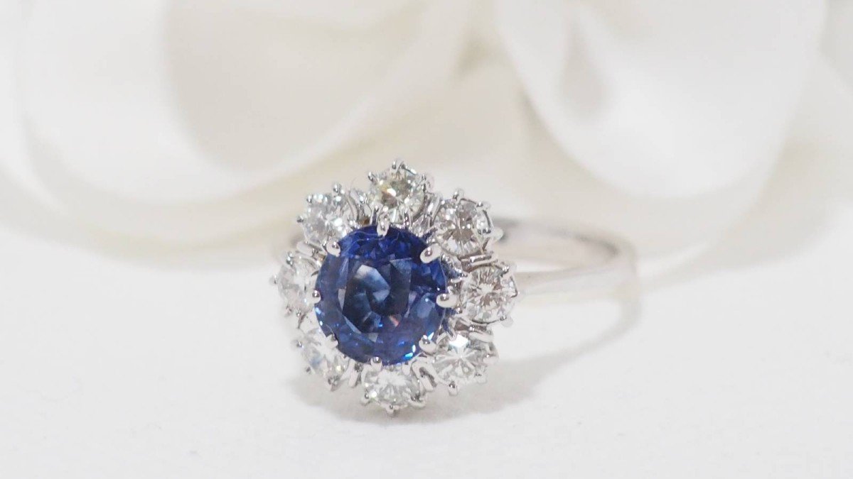 Daisy Ring In White Gold, Ceylon Sapphire And Diamonds-photo-4