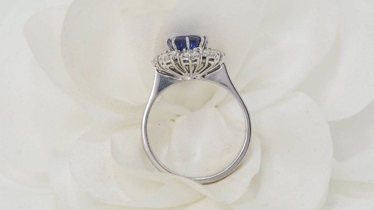 Daisy Ring In White Gold, Ceylon Sapphire And Diamonds-photo-4