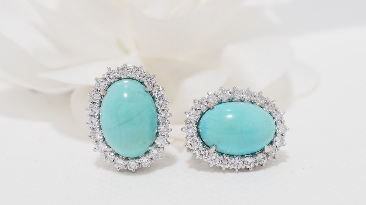 Boucles d'Oreilles En Or Blanc, Turquoise Naturelle Et Diamants-photo-3