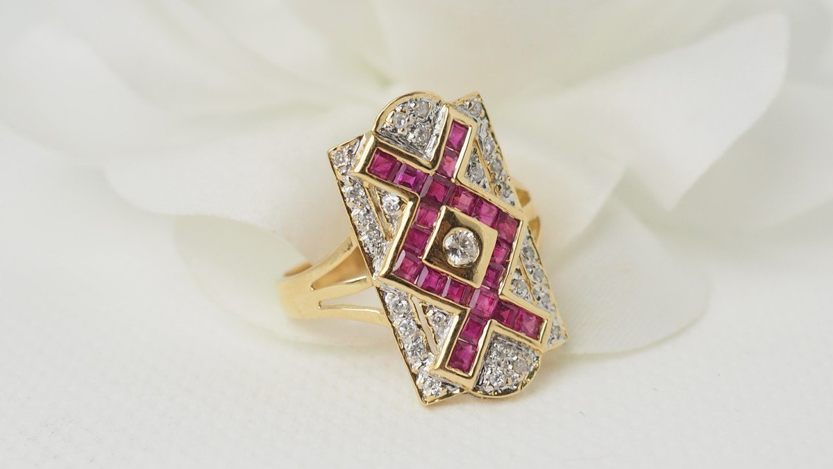 Bague Vintage En Or Jaune, Rubis Et Diamants-photo-4