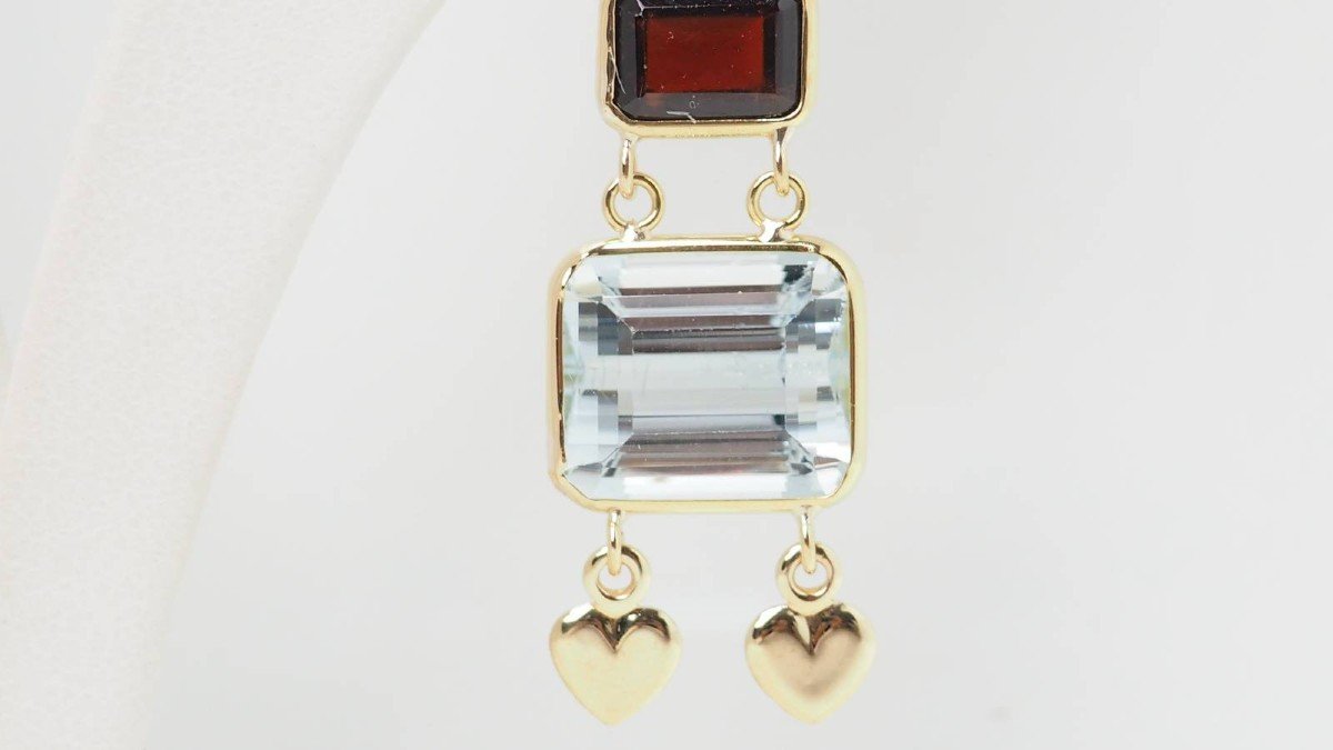 Earrings In Yellow Gold, Aquamarine And Garnet-photo-1