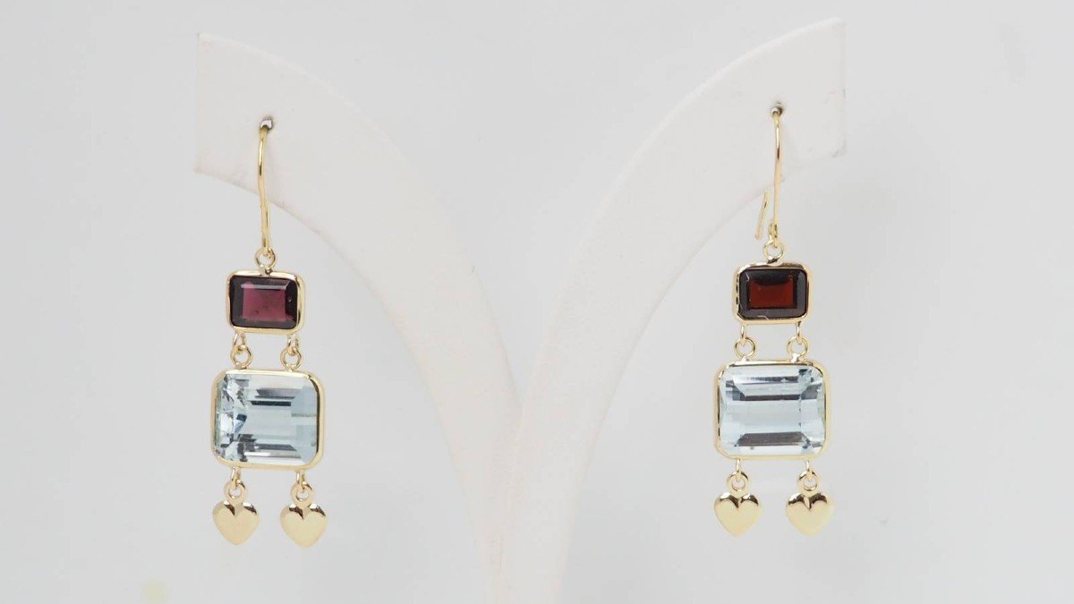 Earrings In Yellow Gold, Aquamarine And Garnet-photo-2