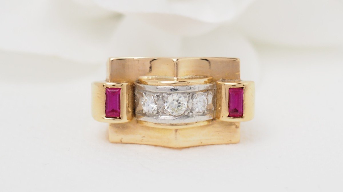 Tank Ring In Yellow Gold, Diamonds And Rubies-photo-2