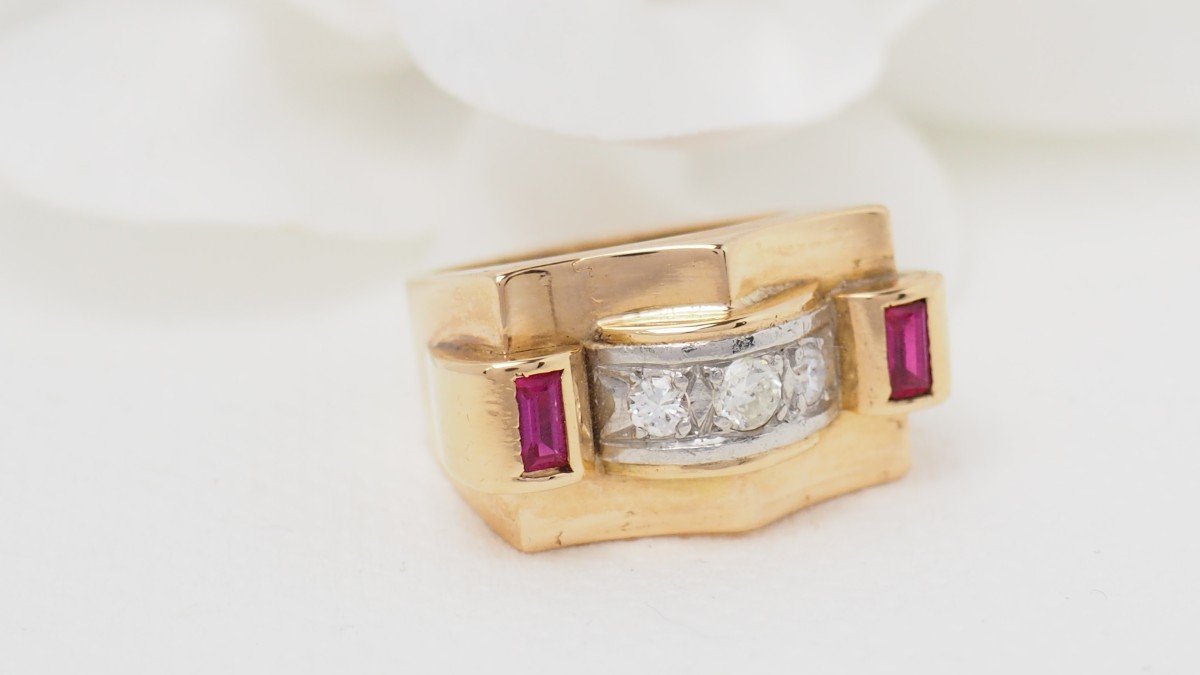 Tank Ring In Yellow Gold, Diamonds And Rubies-photo-4