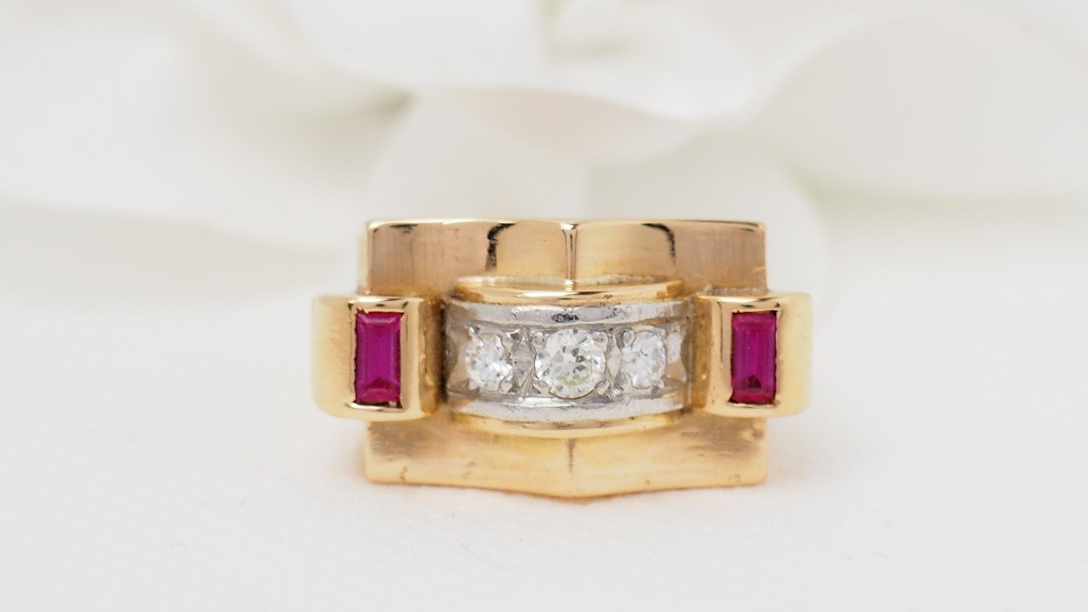 Tank Ring In Yellow Gold, Diamonds And Rubies