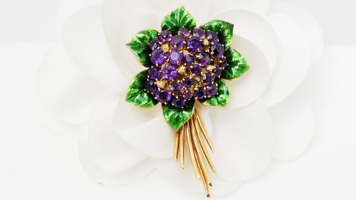 Brooch In Yellow Gold, Amethyst And Email-photo-4