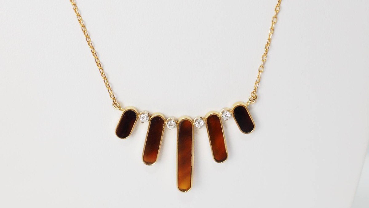 Necklace In Yellow Gold, Tortoise Shell And Diamonds