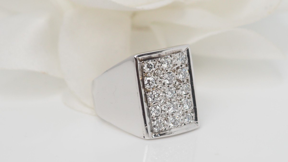 Bague Chevalière En Or Blanc Et Diamants -photo-3