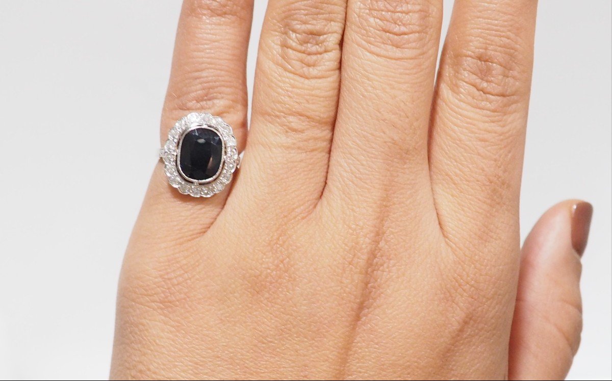 Bague Art Déco En Platine Saphir Et Diamants-photo-2