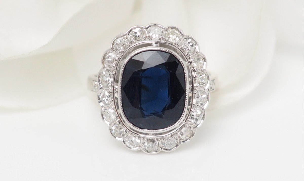 Bague Art Déco En Platine Saphir Et Diamants-photo-3