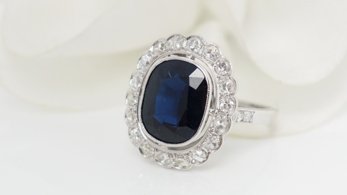 Bague Art Déco En Platine Saphir Et Diamants-photo-4