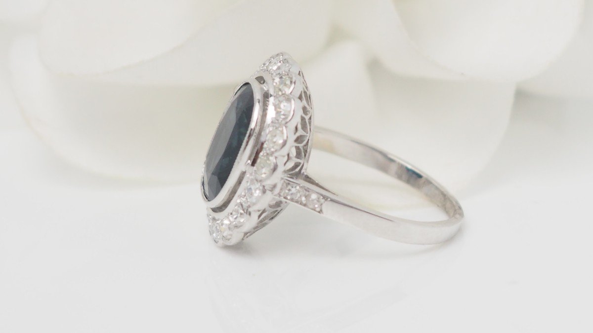 Bague Art Déco En Platine Saphir Et Diamants-photo-3