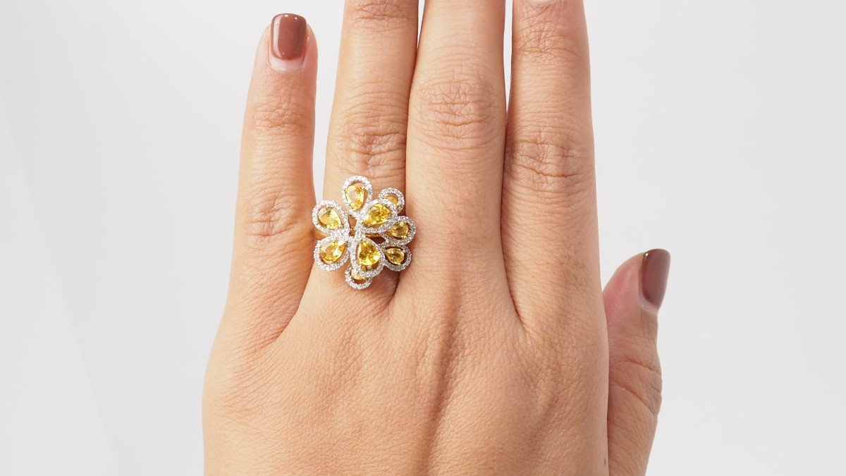 Bague Fleur Or Blanc Et Citrines Et Diamants-photo-3